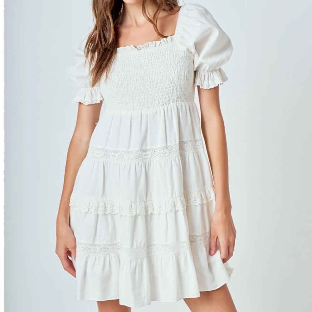 Endless Rose Linen White Smocked Mini Dress